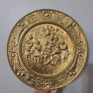 Vintage Brass Tray English Pub Scene Metal Decorative Wall Hanging 14" England